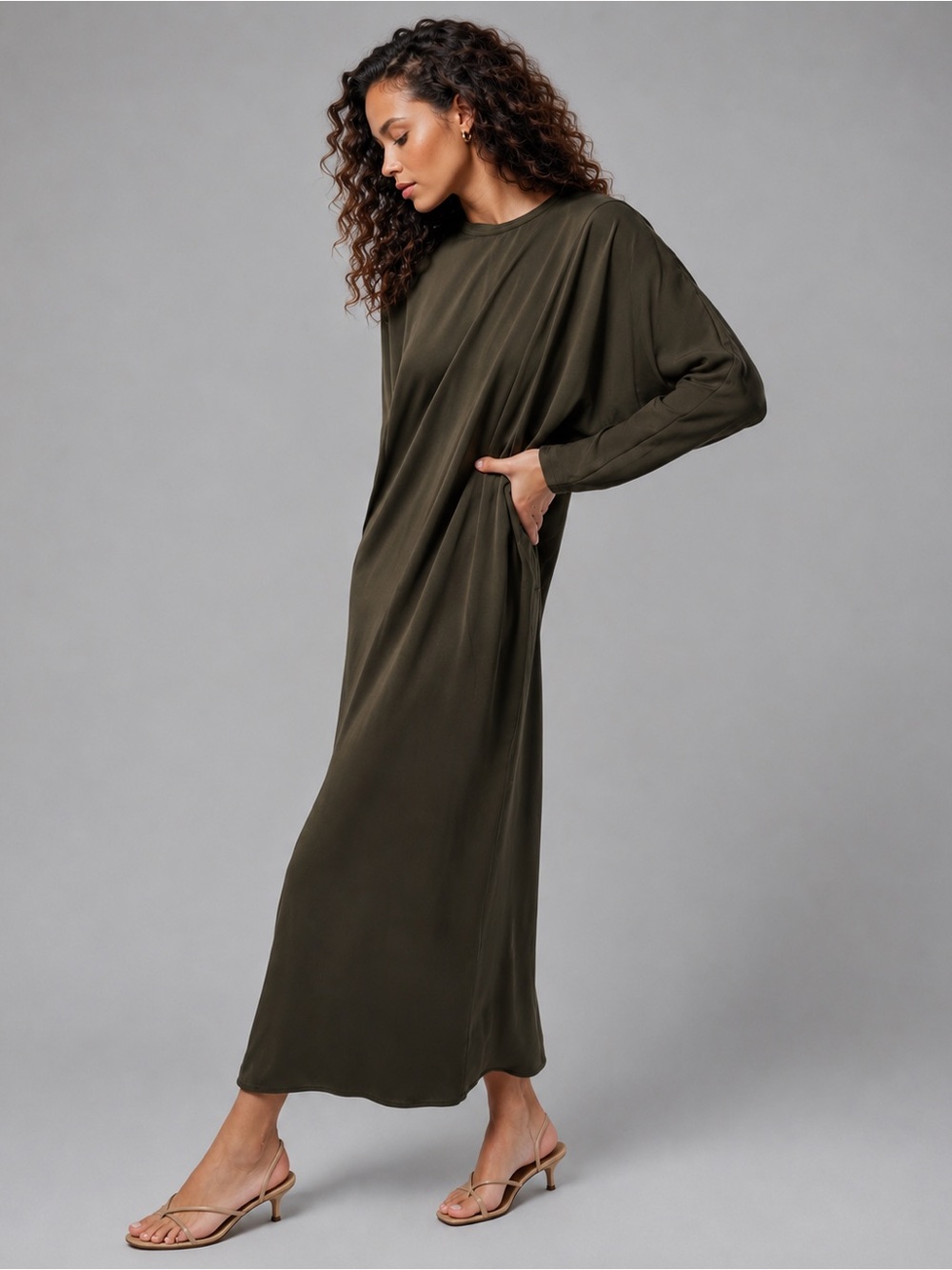 ZARA Olive Green Midi Shift Dress Batwing Sleeve Minimalist Size XS Relaxed Fit